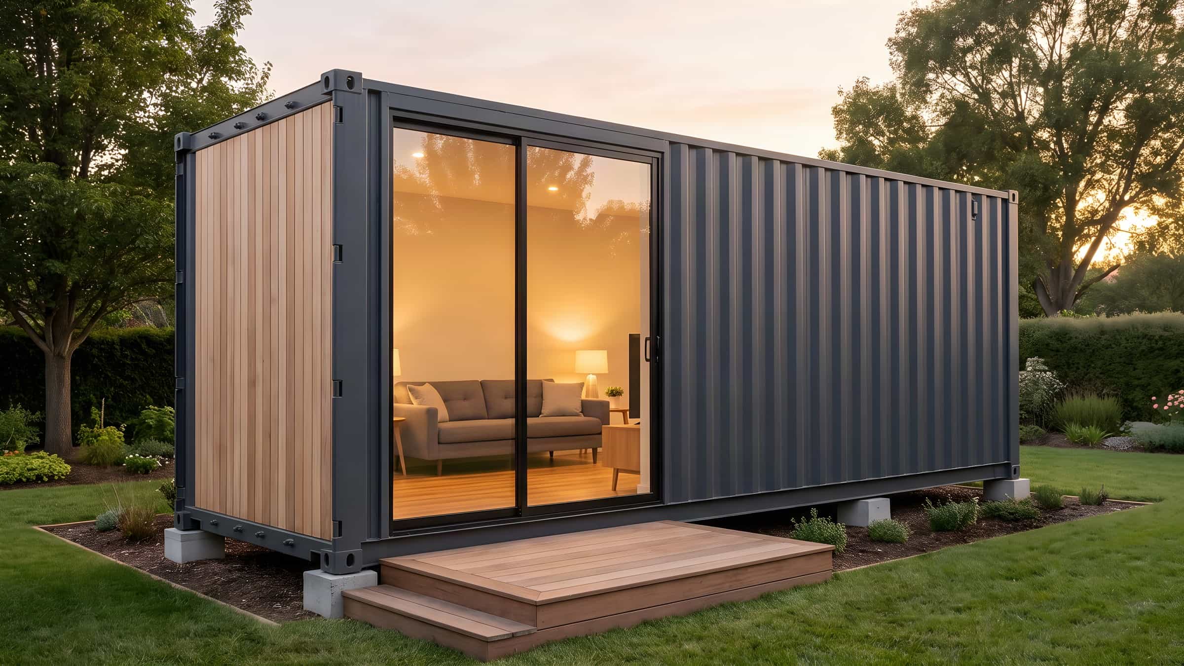 Maison container en acier gris anthracite, baie vitrée et bardage bois, posée sur des plots en béton dans un jardin au crépuscule